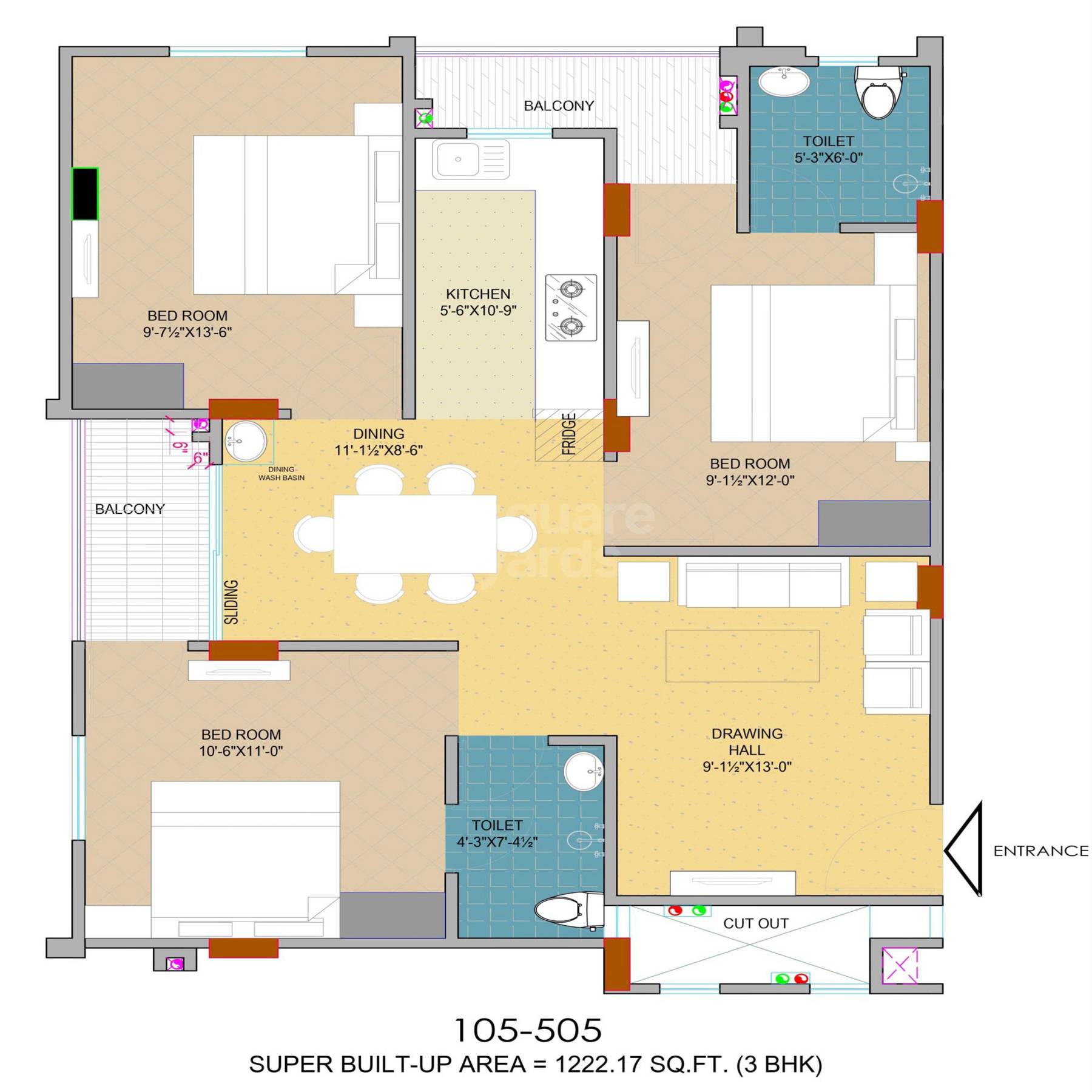 Floor plan of 3 BHK 1222 Sq. Ft. Apartment in JVJ Dream Residency, Jaipur