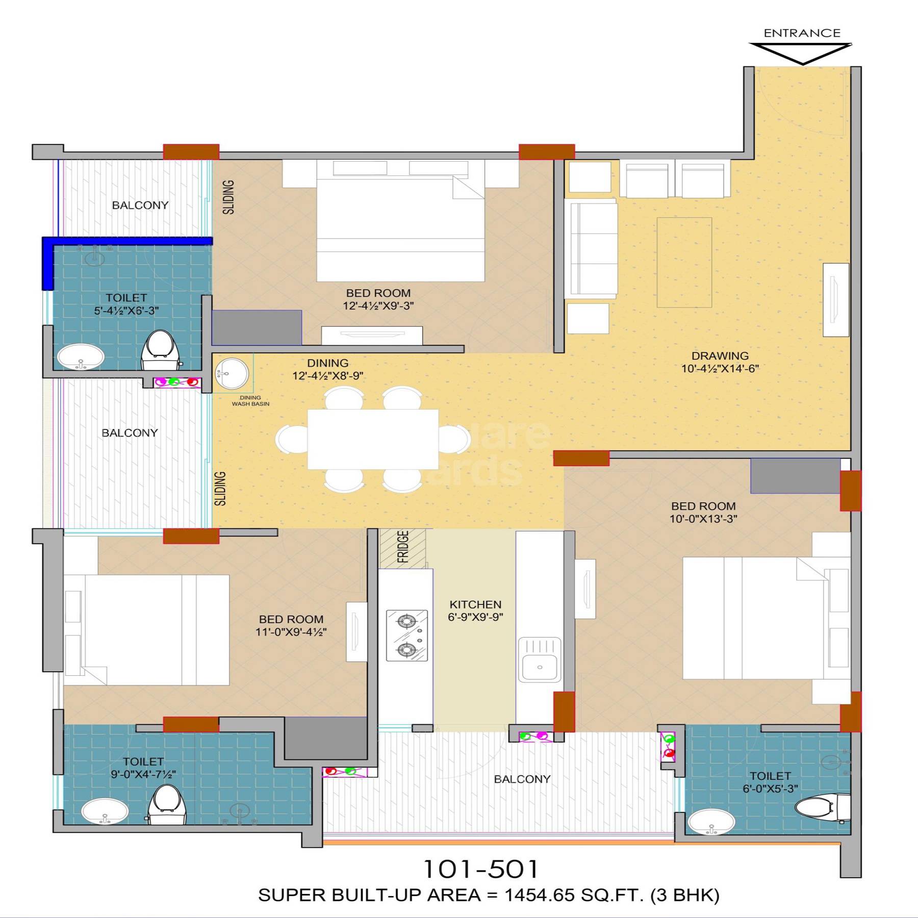 Floor plan of 3 BHK 1454 Sq. Ft. Apartment in JVJ Dream Residency, Jaipur