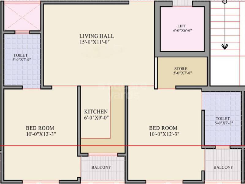 Floor plan of 2 BHK 579 Sq. Ft. Apartment in Kalyan Diamond, Jaipur