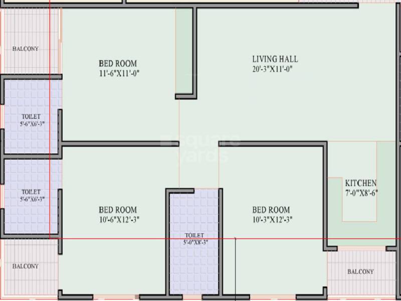 Floor plan of 3 BHK 812 Sq. Ft. Apartment in Kalyan Diamond, Jaipur