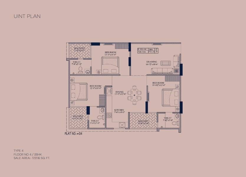 Floor plan of 3 BHK 1721 Sq. Ft. Apartment in Kalyan Kohinoor, Jaipur