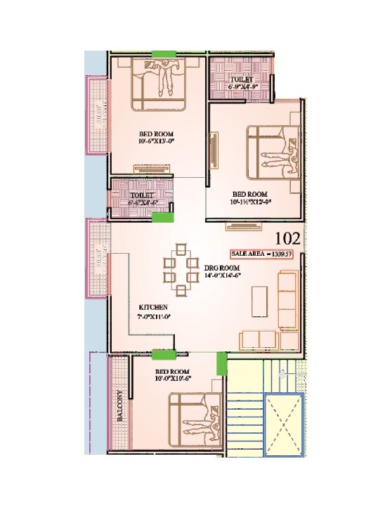 Floor plan of 3 BHK 1339 Sq. Ft. Apartment in Karan Tanishq Empire, Jaipur