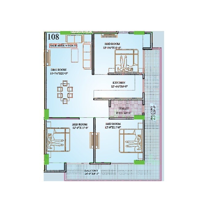 Floor plan of 3 BHK 1624 Sq. Ft. Apartment in Karan Tanishq Empire, Jaipur