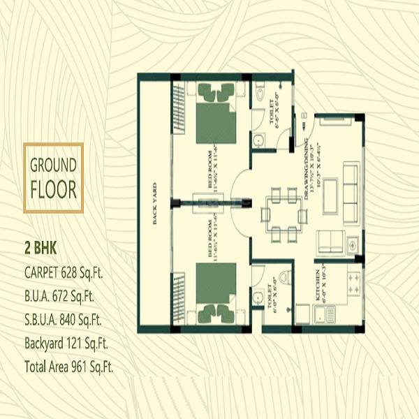 Floor plan of 2 BHK 840 Sq. Ft. Apartment in Kedia The Oxygen, Jaipur