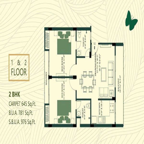 Floor plan of 2 BHK 976 Sq. Ft. Apartment in Kedia The Oxygen, Jaipur