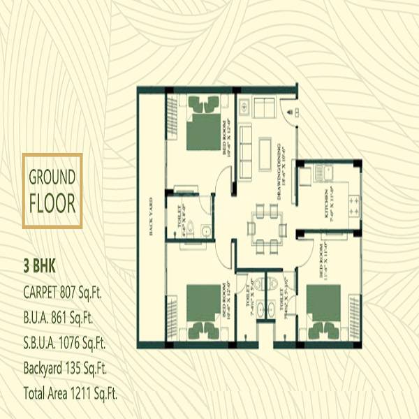 Floor plan of 3 BHK 1076 Sq. Ft. Apartment in Kedia The Oxygen, Jaipur