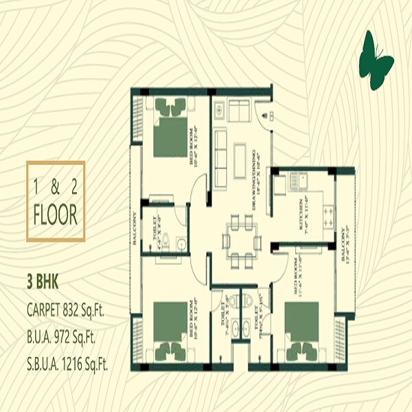 Floor plan of 3 BHK 1216 Sq. Ft. Apartment in Kedia The Oxygen, Jaipur