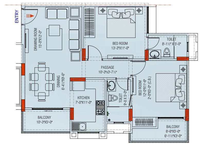 Floor plan of 2 BHK Apartment - 763 sq. ft. in Kedia The Palm, Jaipur