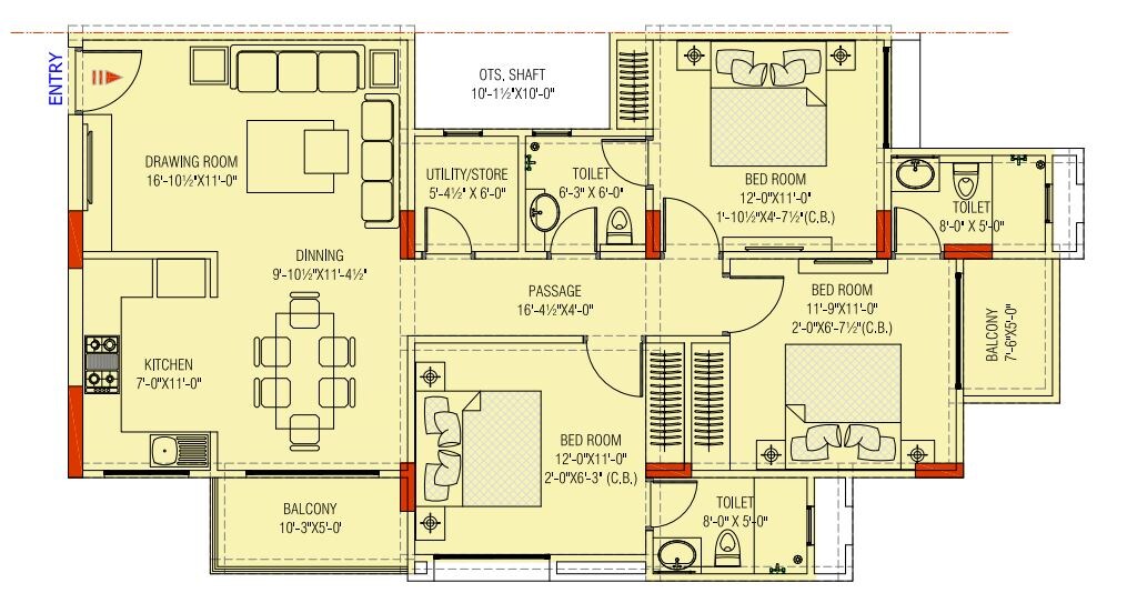 Floor plan of 3 BHK Apartment - 1058 sq. ft. in Kedia The Palm, Jaipur