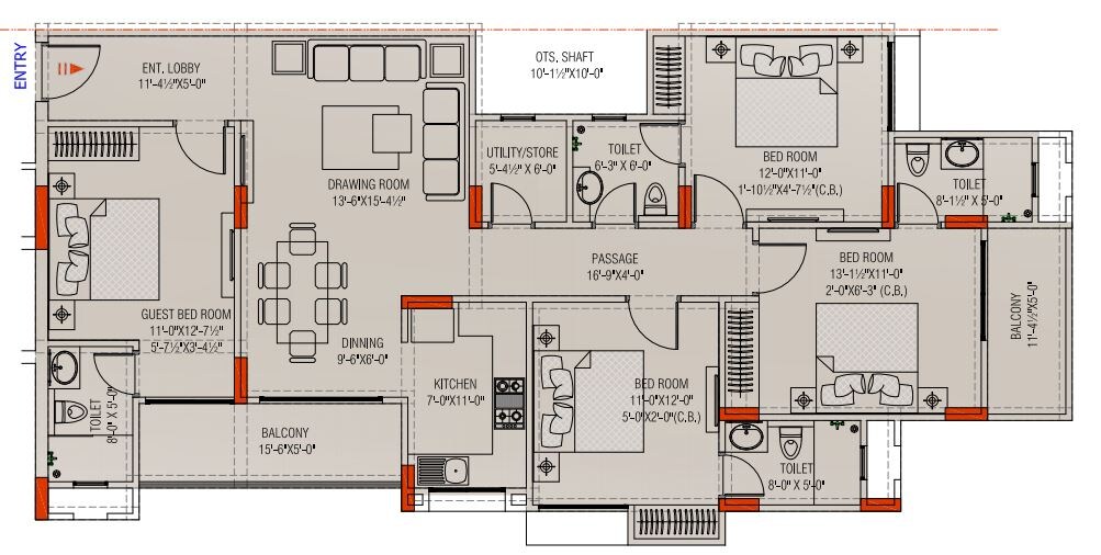 Floor plan of 4 BHK Apartment - 1311 sq. ft. in Kedia The Palm, Jaipur