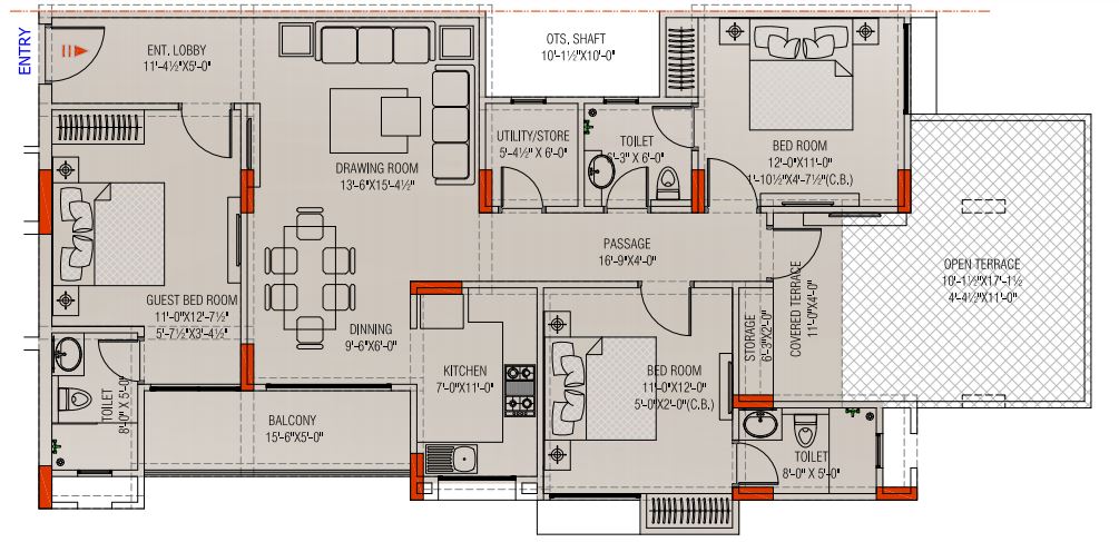 Floor plan of 3 BHK Penthouse - 1098 sq. ft. in Kedia The Palm, Jaipur