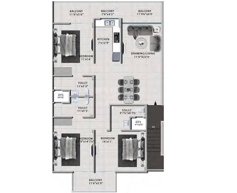 Floor plan of 3 BHK 1100 Sq. Ft. Apartment in Kedia The Sezasthan, Jaipur