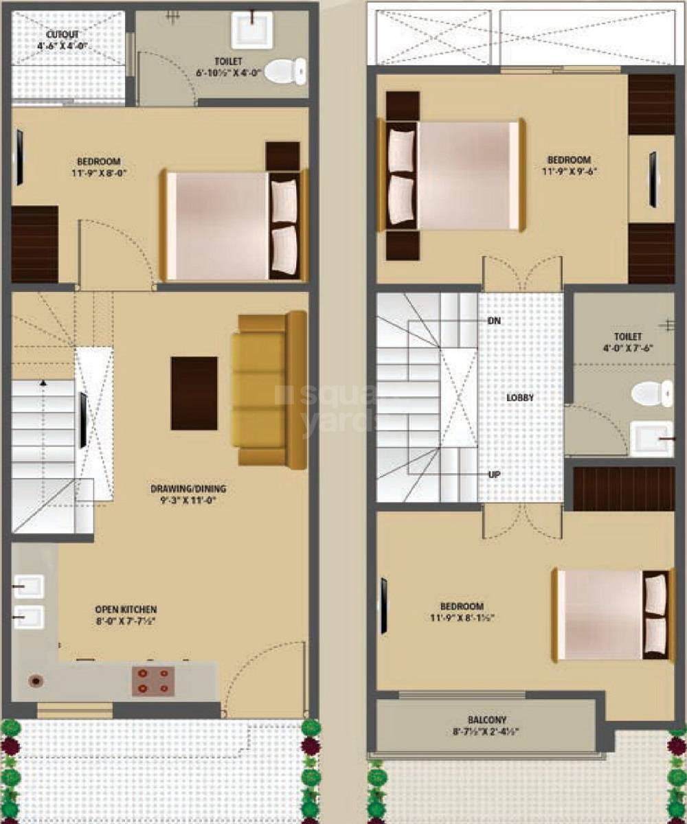 Floor plan of 3 BHK 890 Sq. Ft. Villa in Kedias Umang, Jaipur