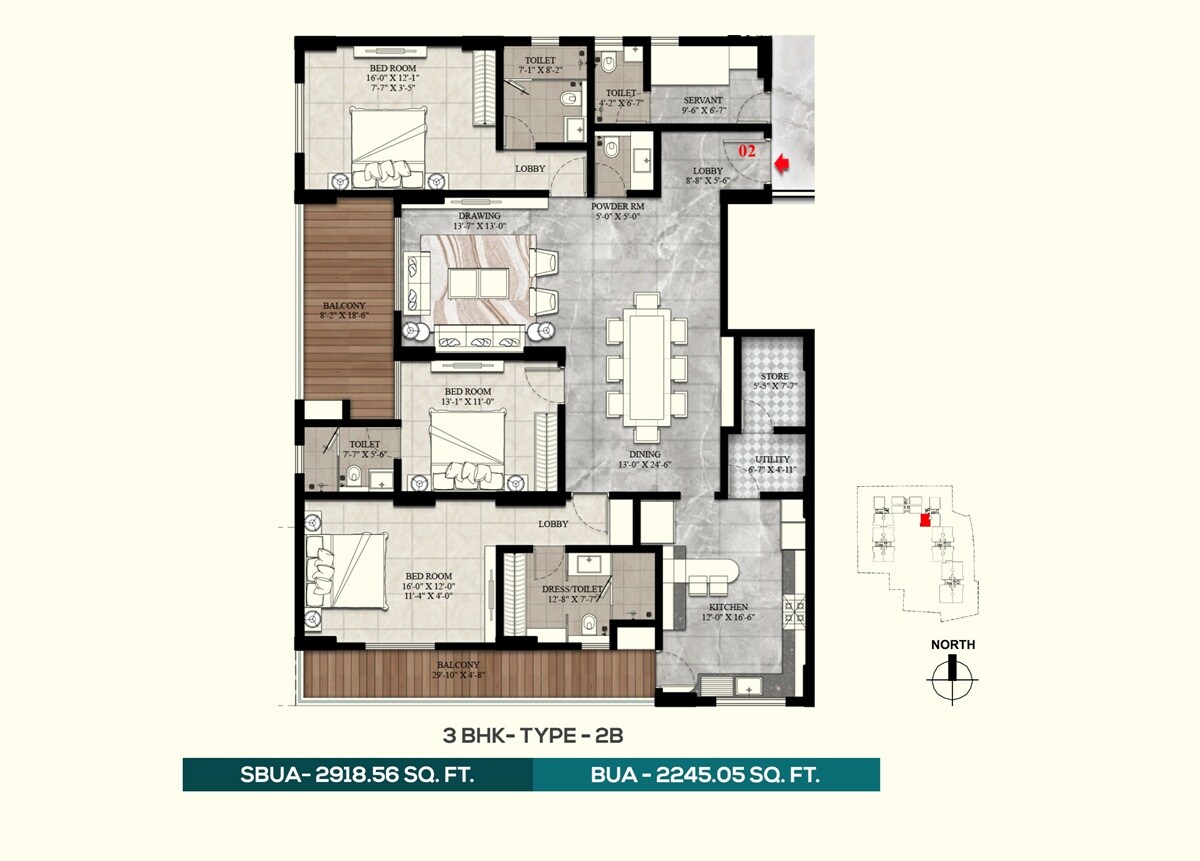 Floor plan of 3 BHK 2245 Sq. Ft. Apartment in KGK Aahvan, Jaipur