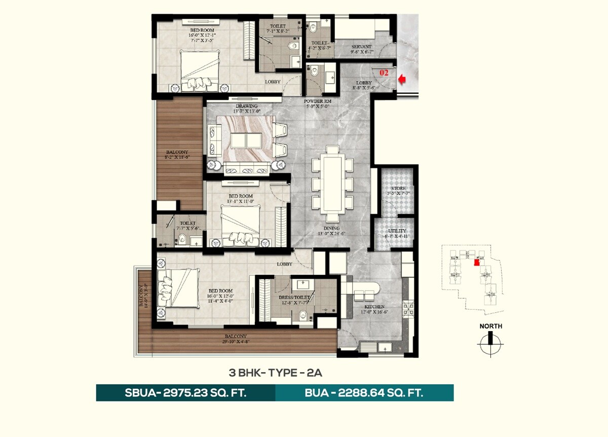 Floor plan of 3 BHK 2288 Sq. Ft. Apartment in KGK Aahvan, Jaipur
