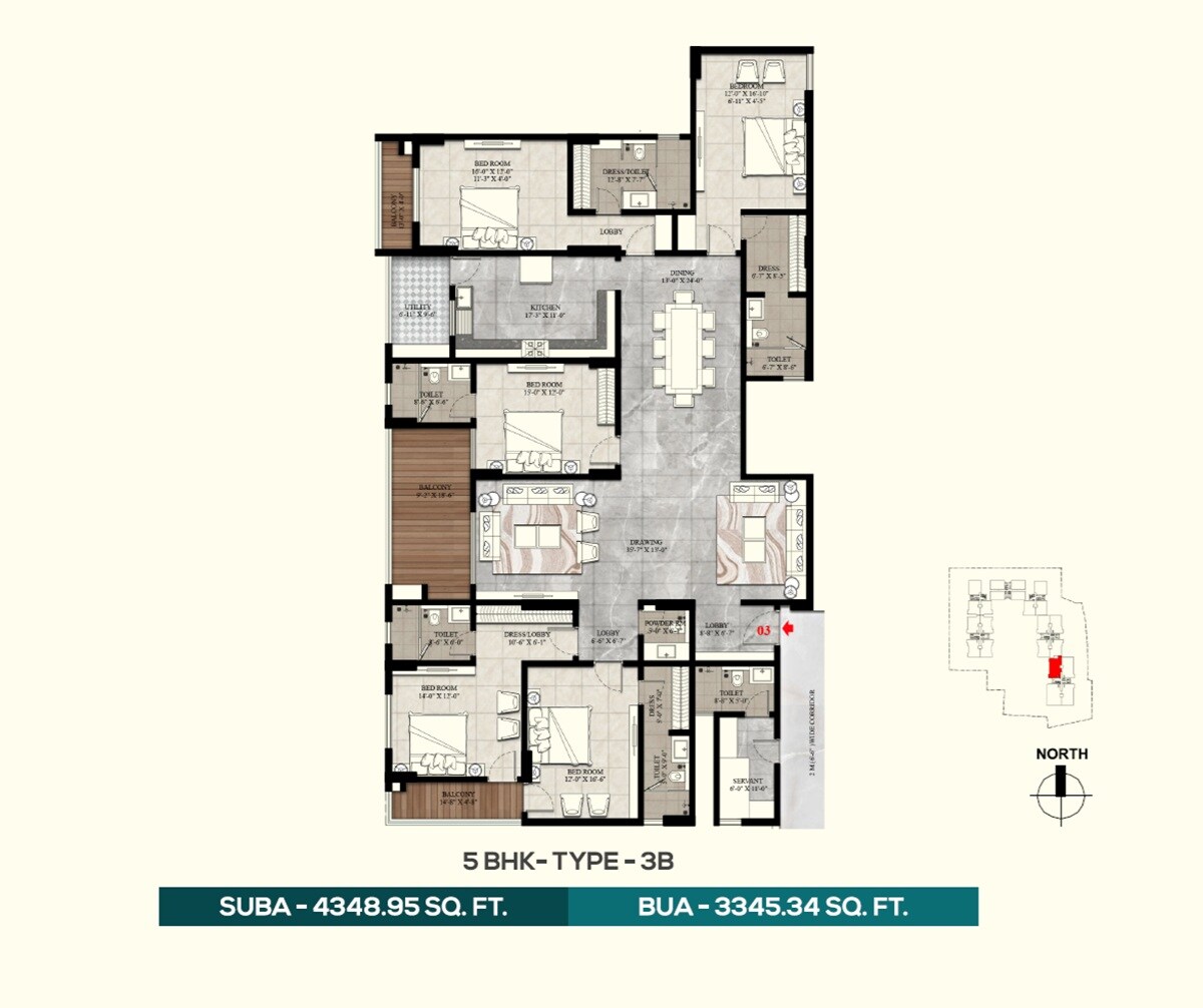 Floor plan of 5 BHK 3345 Sq. Ft. Apartment in KGK Aahvan, Jaipur