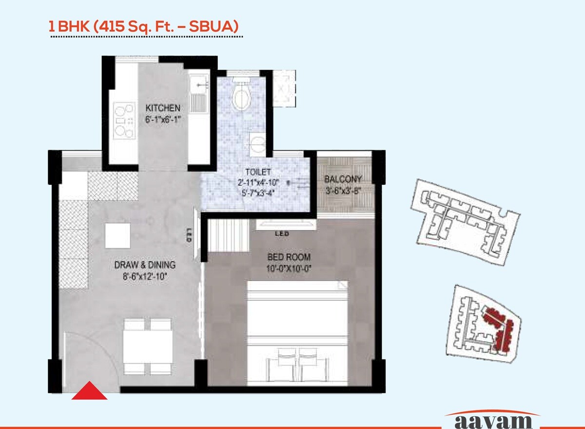 Floor plan of 1 BHK 415 Sq. Ft. Apartment in KGK Aayam, Jaipur
