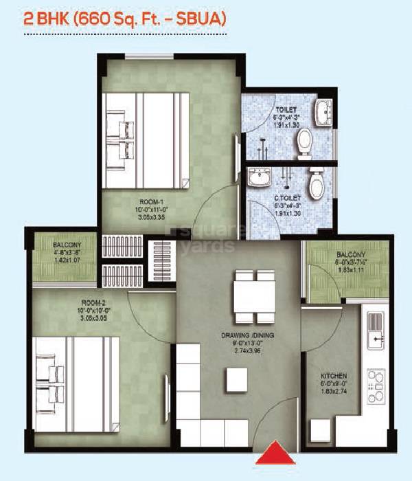 Floor plan of 2 BHK 660 Sq. Ft. Apartment in KGK Aayam, Jaipur