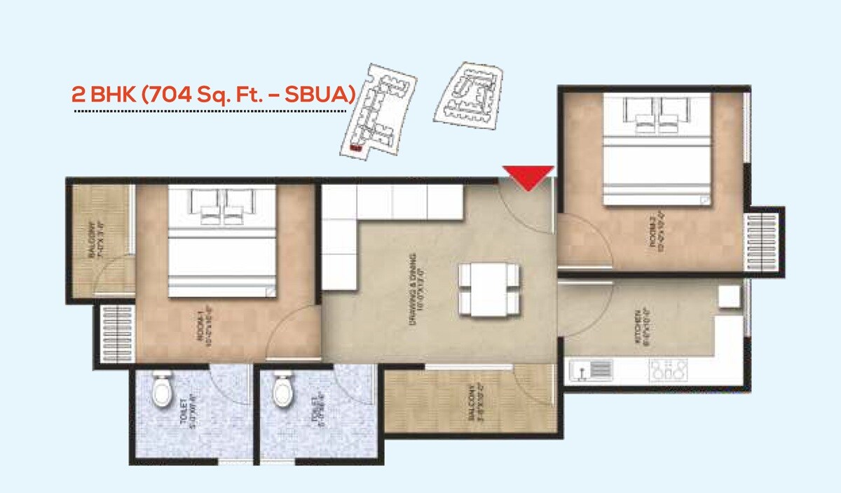 Floor plan of 2 BHK 704 Sq. Ft. Apartment in KGK Aayam, Jaipur