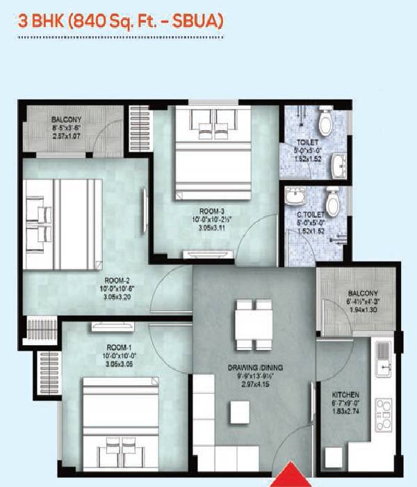 Floor plan of 3 BHK 840 Sq. Ft. Apartment in KGK Aayam, Jaipur