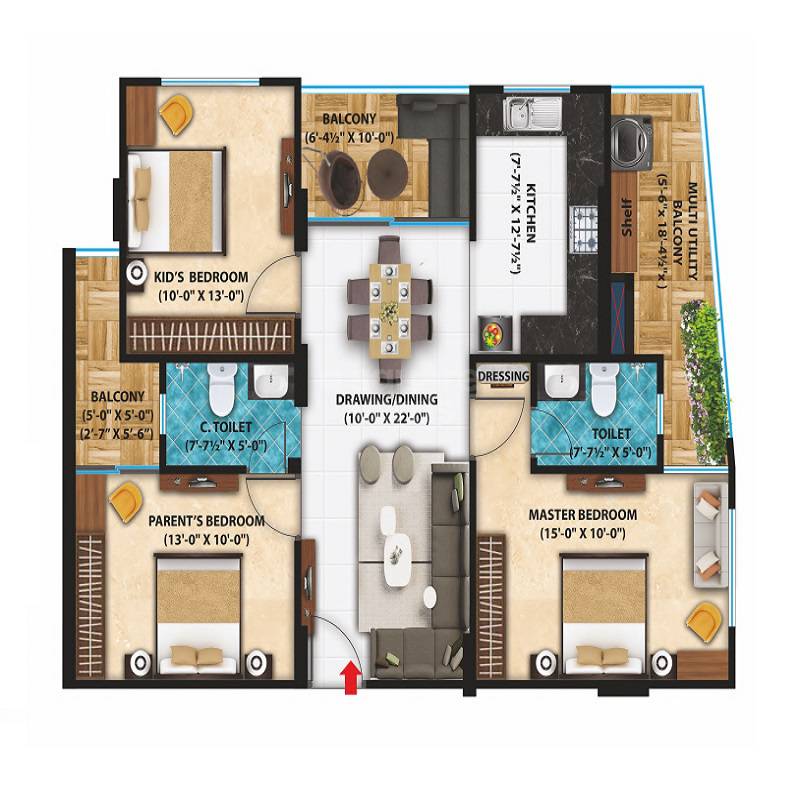 3 BHK 847 Sq. Ft. Apartment