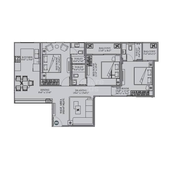 Floor plan of 3 BHK 875 Sq. Ft. Apartment in Kohinoor Celesta, Jaipur