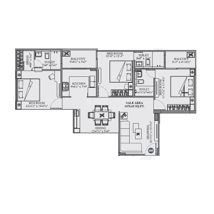 3 BHK 961 Sq. Ft. Apartment