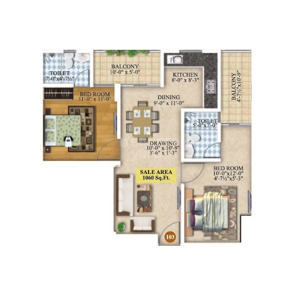 Floor plan of 2 BHK 615 Sq. Ft. Apartment in Kohinoor Gati Heights, Jaipur
