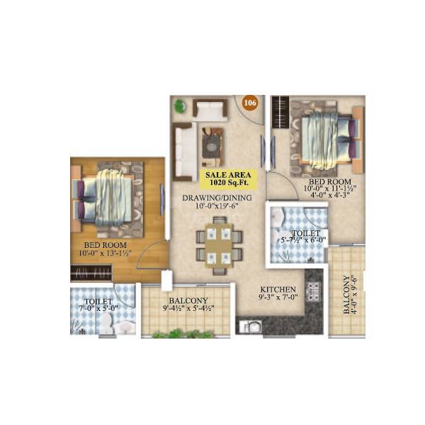 Floor plan of 2 BHK 634 Sq. Ft. Apartment in Kohinoor Gati Heights, Jaipur