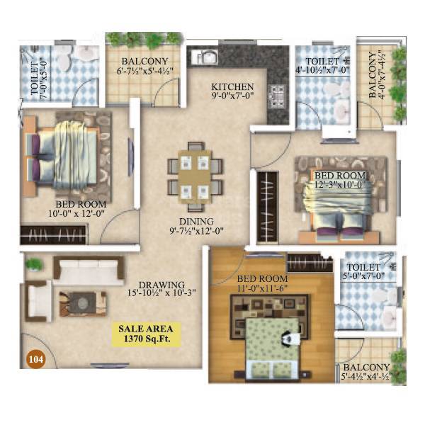 Floor plan of 3 BHK 851 Sq. Ft. Apartment in Kohinoor Gati Heights, Jaipur