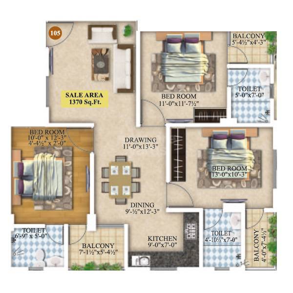 Floor plan of 3 BHK 875 Sq. Ft. Apartment in Kohinoor Gati Heights, Jaipur