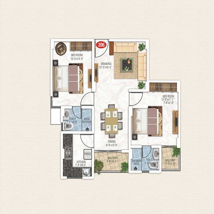 Floor plan of 2 BHK 1092 Sq. Ft. Apartment in Kotecha Royal Essence, Jaipur
