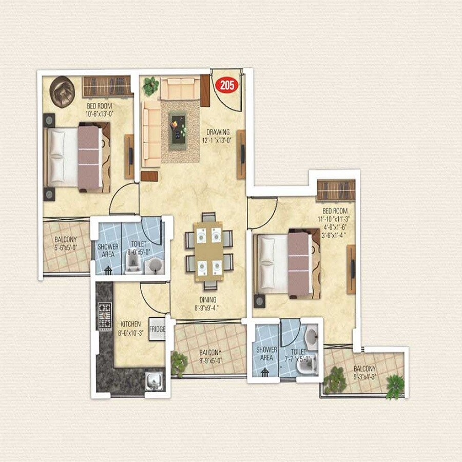 Floor plan of 2 BHK 1166 Sq. Ft. Apartment in Kotecha Royal Essence, Jaipur