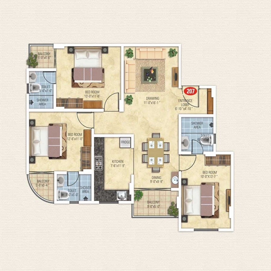 Floor plan of 3 BHK 1504 Sq. Ft. Apartment in Kotecha Royal Essence, Jaipur