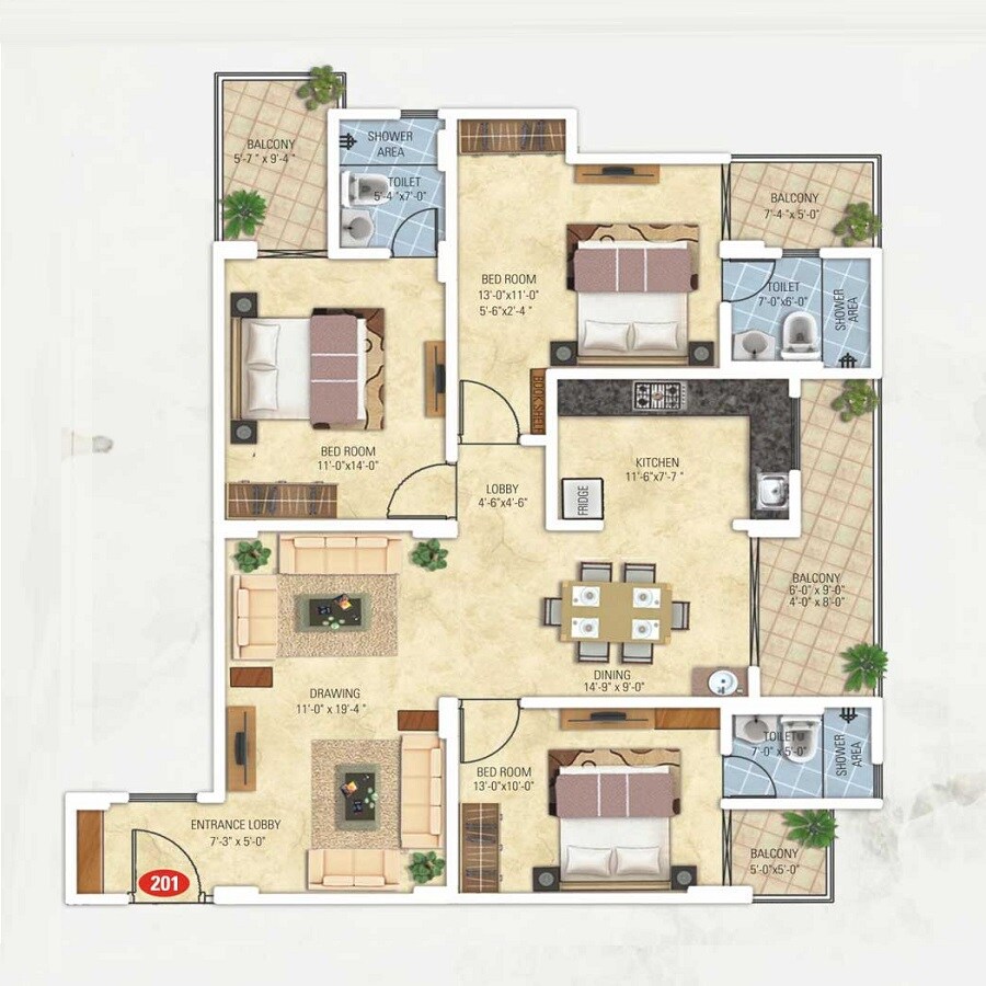 Floor plan of 3 BHK 1814 Sq. Ft. Apartment in Kotecha Royal Essence, Jaipur