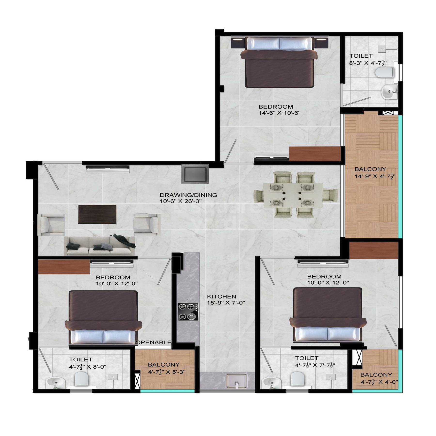 Floor plan of 3 BHK 877 Sq. Ft. Apartment in Kothari Pride, Jaipur