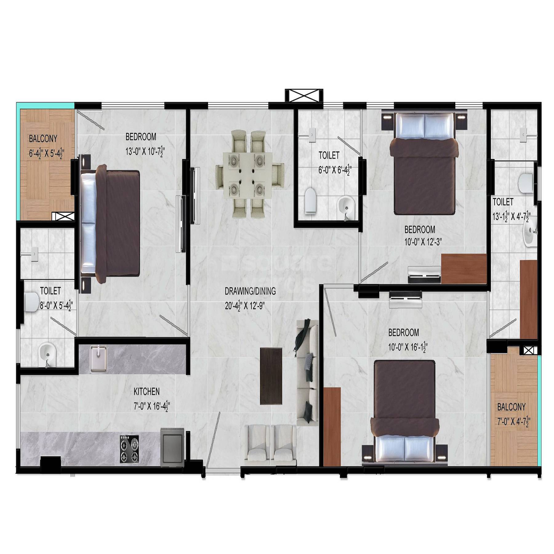 Floor plan of 3 BHK 948 Sq. Ft. Apartment in Kothari Pride, Jaipur