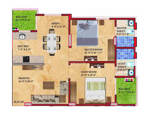 Floor plan of 2 BHK 699 Sq. Ft. Apartment in Kothari Rainbow, Jaipur