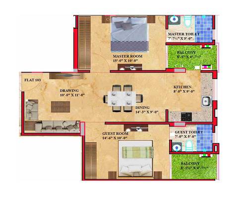 Floor plan of 2 BHK 708 Sq. Ft. Apartment in Kothari Rainbow, Jaipur