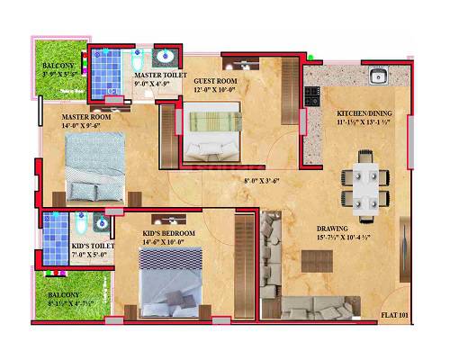 Floor plan of 3 BHK 868 Sq. Ft. Apartment in Kothari Rainbow, Jaipur