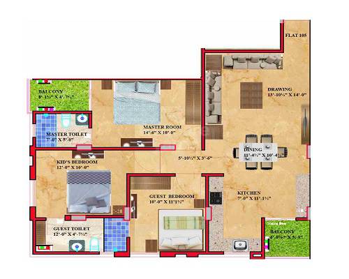 Floor plan of 3 BHK 927 Sq. Ft. Apartment in Kothari Rainbow, Jaipur