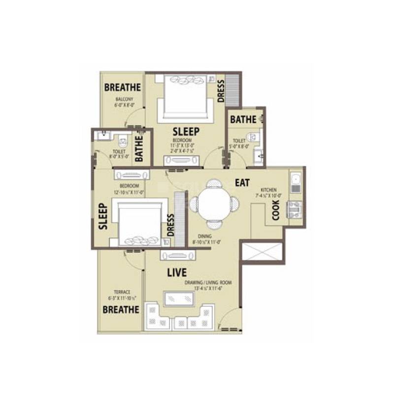 Floor plan of 2 BHK Apartment - 1164 sq. ft. in Kriscon Skywalk, Jaipur