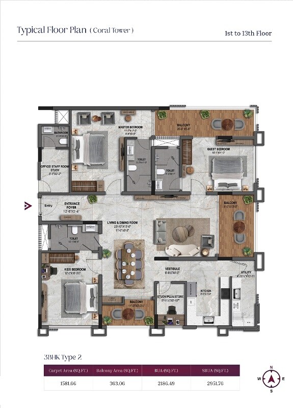 Floor plan of 3 BHK 2952 Sq. Ft. Apartment in Kuldhara Royal Retreat, Jaipur