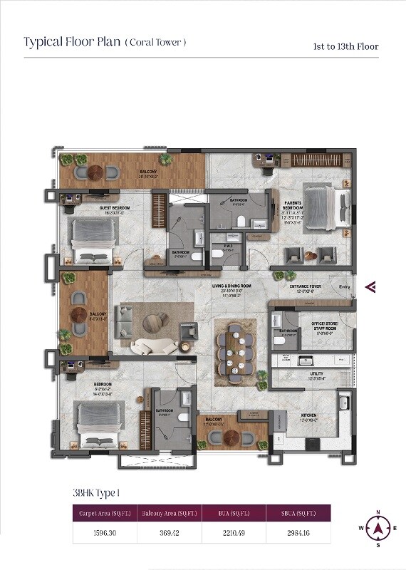 Floor plan of 3 BHK 2984 Sq. Ft. Apartment in Kuldhara Royal Retreat, Jaipur