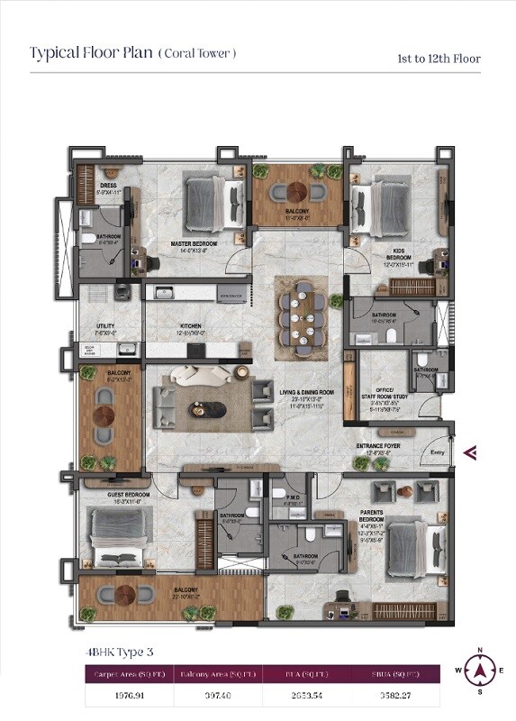 Floor plan of 4 BHK 3552 Sq. Ft. Apartment in Kuldhara Royal Retreat, Jaipur