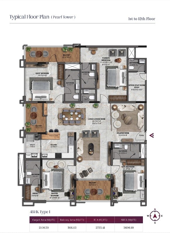 Floor plan of 4 BHK 3690 Sq. Ft. Apartment in Kuldhara Royal Retreat, Jaipur