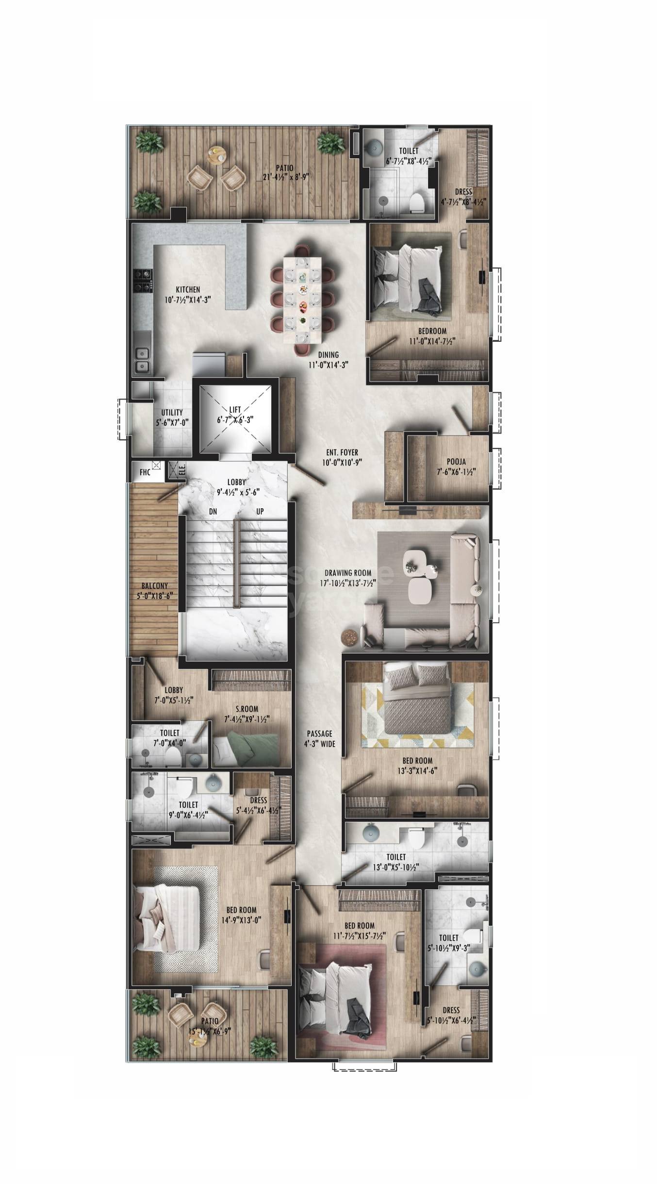 Floor plan of 4 BHK 3600 Sq. Ft. Apartment in Living Stone Pramodaya, Jaipur