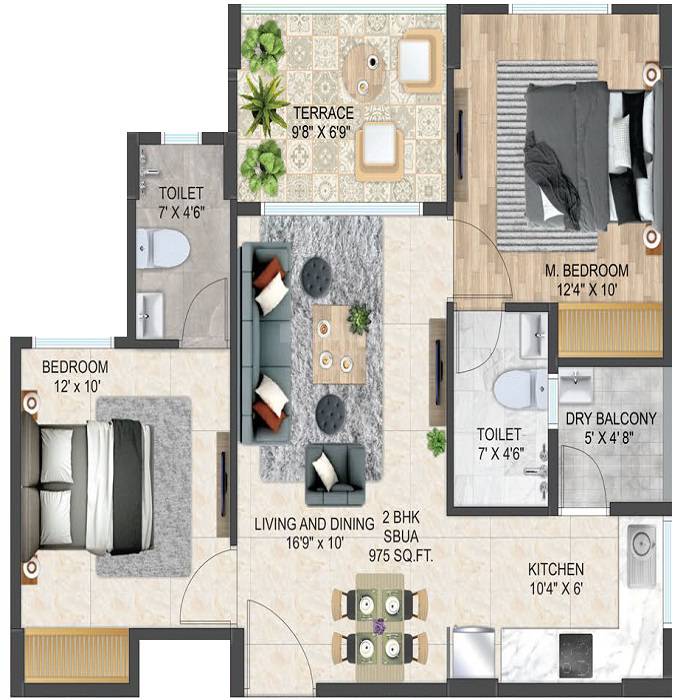 Floor plan of 2 BHK 516 Sq. Ft. Apartment in Love Home Joypur, Jaipur