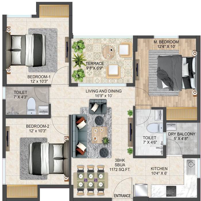 Floor plan of 3 BHK 644 Sq. Ft. Apartment in Love Home Joypur, Jaipur