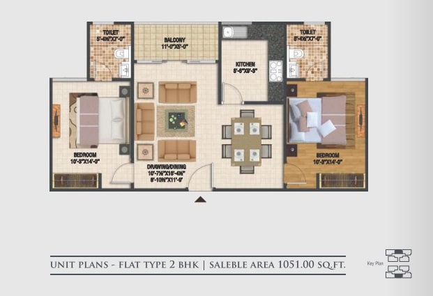 Floor plan of 2 BHK 1051 Sq. Ft. Apartment in Macro Harsh The Coronation, Jaipur